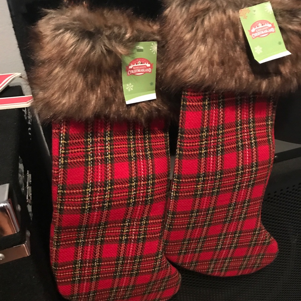 2 Plaid Christmas Stockings with fur topping.